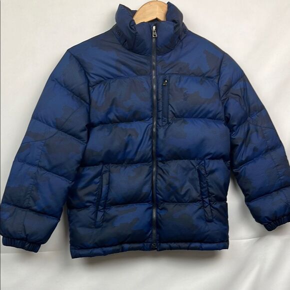Polo Ralph Lauren Navy Camo Down jacket Repaired size 10-12 (M) - Picture 2 of 14